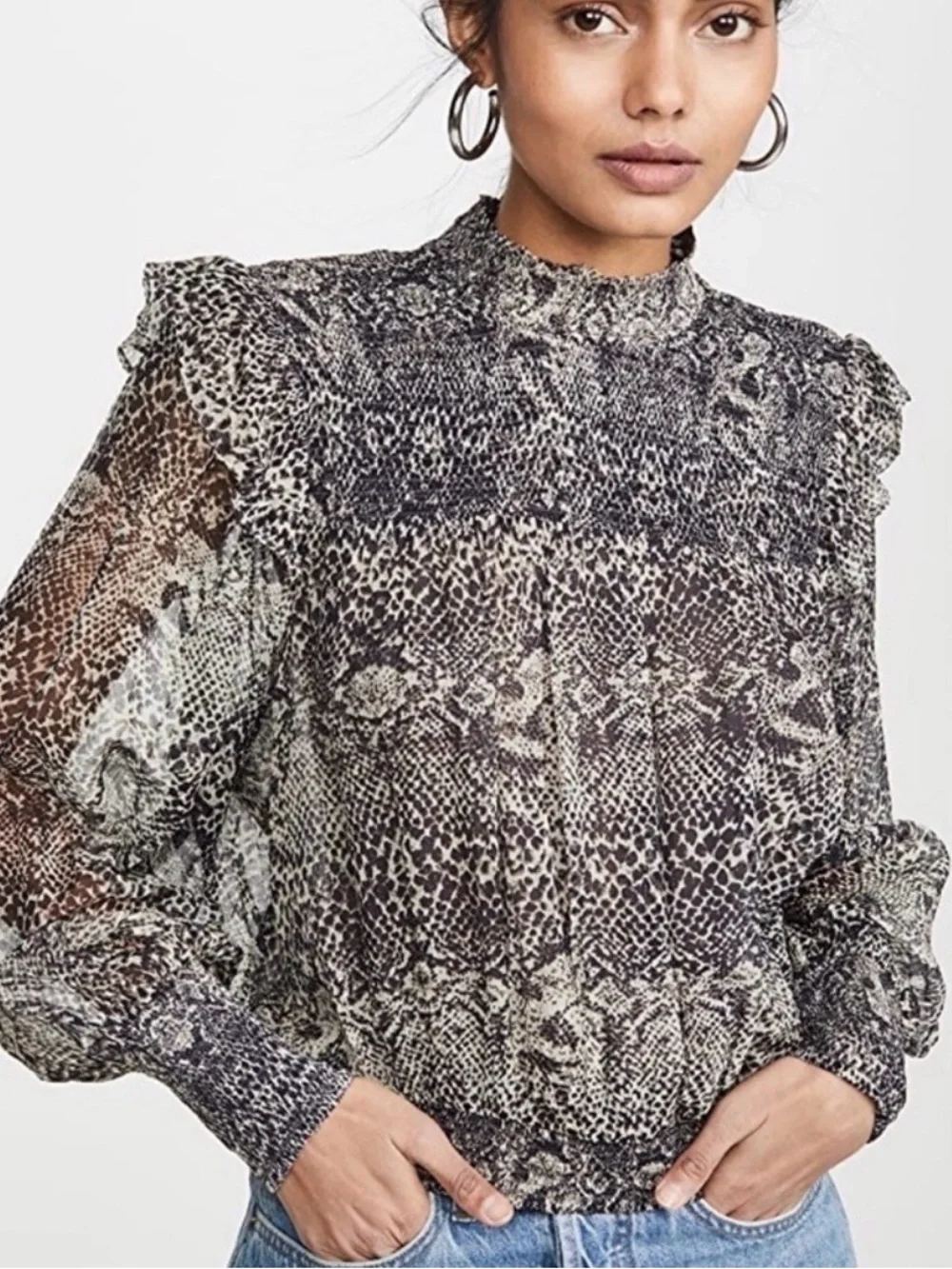 #595 FREE PEOPLE Roma Sheer Smocked-Neck Animal Print Blouse - Black & White